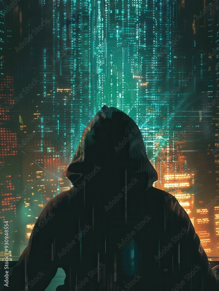 Poster A hacker types intently on a computer, surrounded by a glowing display of code, set against a backdrop of a vibrant, illuminated cityscape. Generative AI