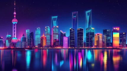 Obraz premium Vibrant city skyline at night, showcasing colorful lights reflecting on water, symbolizing modern architecture and urban life.