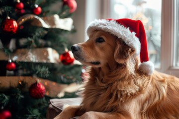 Dog in Santa hat with decorated Christmas tree background