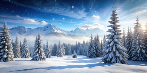 Winter wonderland scene with snow-covered trees and distant mountains in the background, snow, winter, sunrise, peaceful