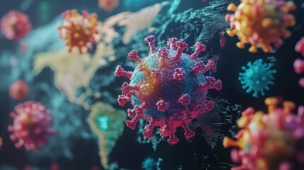 Fototapeta premium Colorful virus floating above on the world map