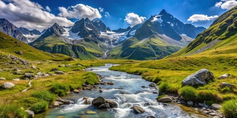 Alpine panorama with stream in the Tyrolean Alps, mountains, landscape, scenic, nature, river, flowing, Tyrol