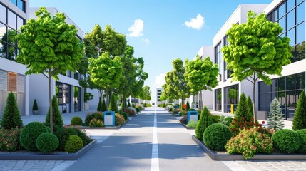 Naklejka premium Modern urban street lined with lush trees and colorful plants, showcasing sustainable landscaping and vibrant city life.