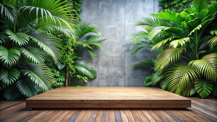 Fototapeta premium Wooden platform surrounded by lush tropical foliage against a concrete wall, wood, platform, tropical, foliage, lush