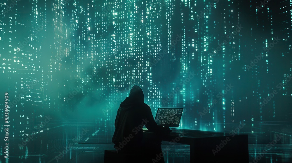 Aufkleber a silhouette of a hooded hacker is focused on a computer displaying cascading green code, creating a