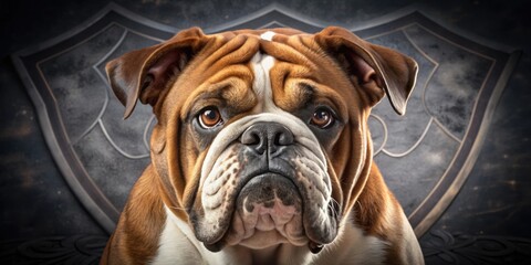 Obraz premium Fierce bulldog with a menacing expression in front of a police badge, bulldog, vicious dog