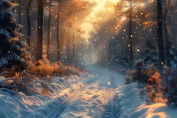 Fototapeta premium Serene Snowy Forest with Delicate Falling Snowflakes and Glowing Atmosphere