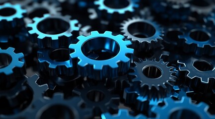 This detailed closeup of interlocked blue metal gears showcases intricate design and functionality, symbolizing the essence of teamwork and collaboration in engineering processes