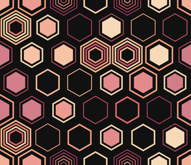 Honeycomb hexagon cells background. Geometric shapes of varied style and color. Large hexagon shapes. Tileable pattern. Seamless background. Nice vector illustration.