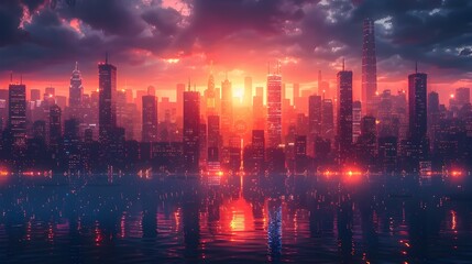 Fototapeta premium Futuristic Cityscape with Glowing Neon Lights and Skyscrapers at Night