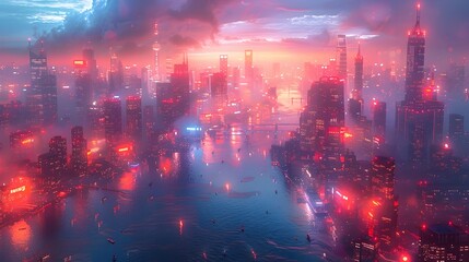 Fototapeta premium Futuristic Neon-Lit Cityscape at Night with Glowing High-Tech Skyscrapers and Vibrant Urban Landscape