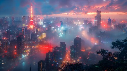 Fototapeta premium Futuristic Neon-Lit Cityscape at Night with Glowing High-Tech Skyscrapers and Vibrant Urban Landscape