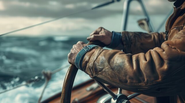 Close-up of a sailor's hands gripping the steering wheel of a boat on a turbulent sea under a cloudy sky, showcasing adventure and mastery.
