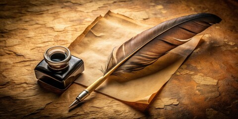 Vintage parchment with quill pen and inkwell, featuring antique manuscript calligraphy on old paper, vintage