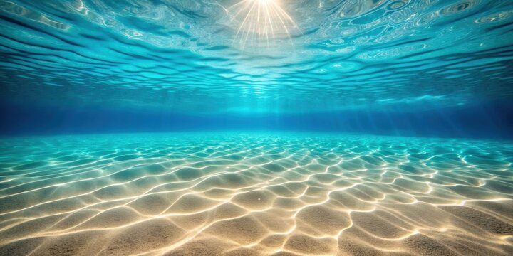 Tropical ocean seabed filled with golden sand, creating a serene and empty underwater landscape, seabed, ocean, sand, tropical