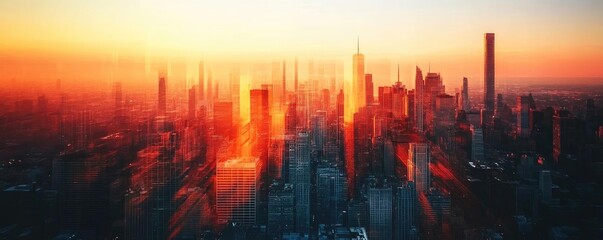 Fototapeta premium Vibrant city skyline at sunset, highlighting towering buildings and stunning colors, perfect for urban landscapes and scenic views.