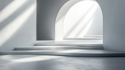 Minimalistic architectural interior with curved steps and arched doorway, bathed in soft natural light ideal for design, architecture, or zen-themed purposes,