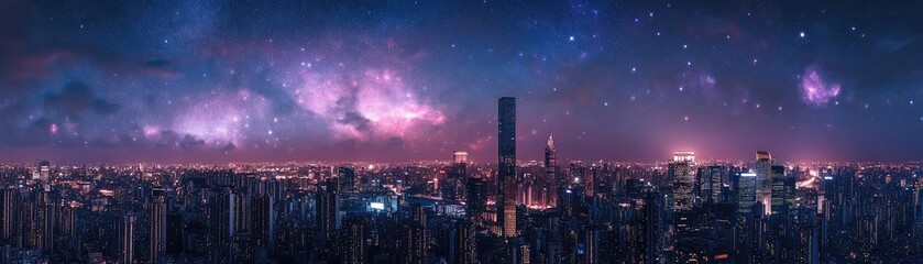 Obraz premium Stunning city skyline at night under a vibrant cosmic sky filled with stars and colorful clouds, blending urban and celestial beauty.