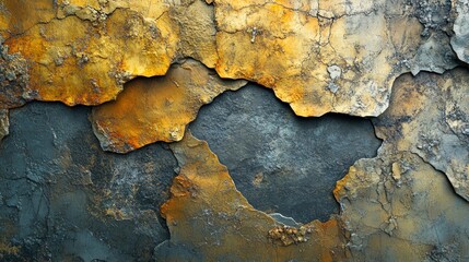 Obraz premium Peeling paint on an old wall reveals layered textures in shades of gold and gray, creating a rustic, grunge aesthetic ideal for backgrounds, design elements, or artistic projects,