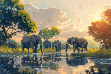 Elephants roam gracefully by a tranquil waterhole, surrounded by lush greenery and bathed in the warm light of a setting sun. Generative AI