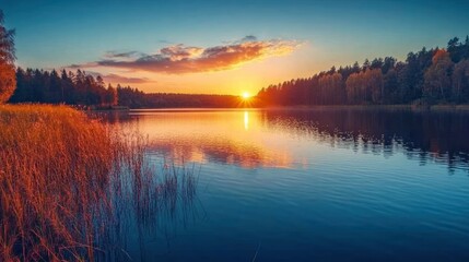 Obraz premium sunset at coast of the lake. Nature landscape. Nature in northern Europe. reflection, blue sky and yellow sunlight. landscape during sunset , ai