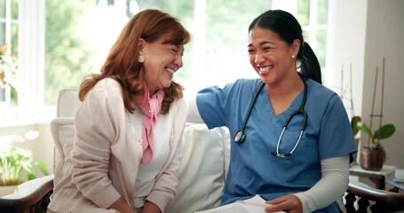 Caregiver, senior woman and support in nursing home with conversation, hug and advice. Happy, smile and nurse with patient in retirement with healthcare, wellness and communication with medical help