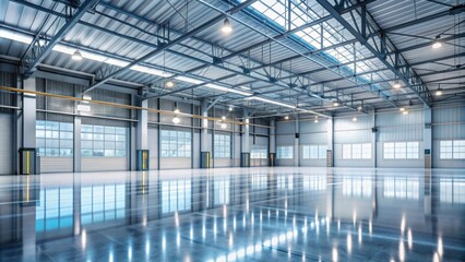 Obraz premium Cinematic shot of large empty factory floor with reflective surface and tall windows , factory, industrial, empty