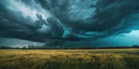 Dark ominous clouds forming in stormy sky during heavy thunderstorm landscape
