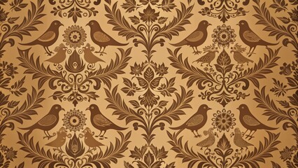 Seamless background featuring old birds designs in shades of brown, nature, wildlife, vintage, retro, texture, pattern