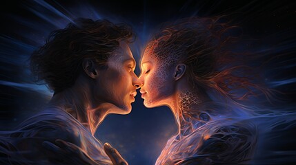 A romantic couple kissing, with glowing light emanating from their faces, creating a heart shape.