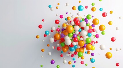 Colorful 3D spheres in various sizes scattered across a white background, creating a vibrant and playful atmosphere.