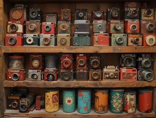 Fototapeta premium Vintage Retro Collection on Wooden Shelf,Capturing Photography Nostalgia and Analog Treasures