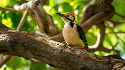 Fototapeta premium Blonde-capped Woodpecker Perched on a Branch in Nature, Pattern, Wallpaper, Cover and Screen for Smartphone, Cell Phone, Computer, Laptop, Format
