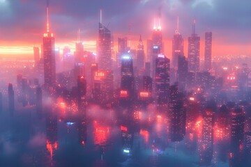 Obraz premium Futuristic Cityscape with Neon-Lit Skyscrapers and Vibrant Nighttime Atmosphere