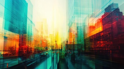 Fototapeta premium A dynamic cityscape with abstract colors reflecting movement and urban life, capturing the essence of a vibrant metropolis.