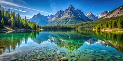 Fototapeta premium Mountain lake with crystal clear water and majestic mountains in the background, mountain, lake, water, clear, crystal