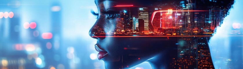 Fototapeta premium A captivating portrait blending human features with cityscape, symbolizing the harmony between technology and life.