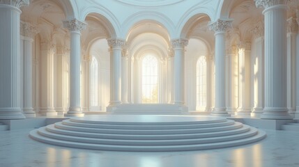 Fototapeta premium Grand Neoclassical Interior with Majestic Columns and Sunlit Arched Windows in Elegant White Marble Hall