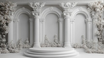 Naklejka premium Elegant White Classical Architecture with Columns and Arches, Surrounded by Ornate Floral Decorations, Perfect for Historical and Artistic Themes