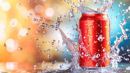 A refreshing red soda can splashes water, creating a vibrant and lively atmosphere, perfect for summer enjoyment.