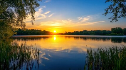 sunset at coast of the lake. Nature landscape. Nature in northern Europe. reflection, blue sky and yellow sunlight. landscape during sunset , ai