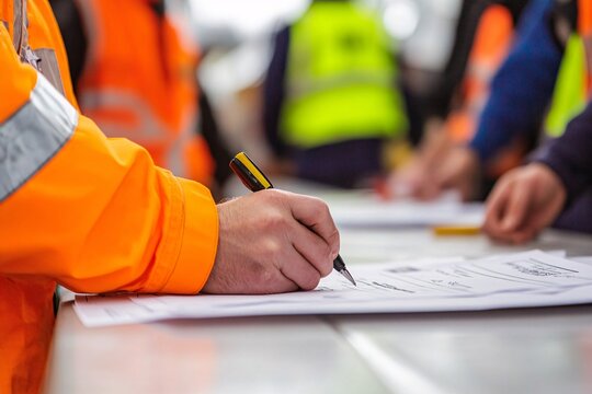 Working at heights permit book placing on the table, defocused construction site supervisor reviewing job hazard analysis risk safety assessment prior approval and sign off work on open field