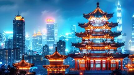 Fototapeta premium Stunning night view of a traditional pagoda illuminated against a vibrant city skyline, showcasing culture and modernity.