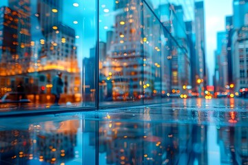 Architectural modern glass building reflecting the cityscape in downtown urban night scene with transparent reflections