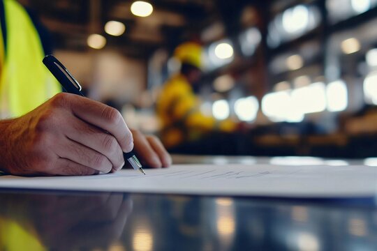 Working at heights permit book placing on the table, defocused construction site supervisor reviewing job hazard analysis risk safety assessment prior approval and sign off work on open field