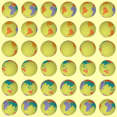 Collection of planet globes. Tilted sphere view. Rotation step 10 degrees. Colored continents style. World map with sparse graticule lines on warm background. Cute vector illustration.
