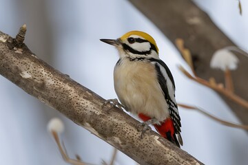 Fototapeta premium Blonde-capped Woodpecker Perched on a Branch and White Background, Wallpaper, Cover and Screen for Smartphone, Cell Phone, Computer, Laptop