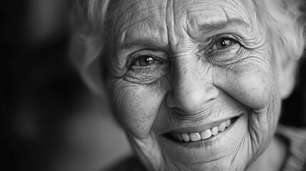 Black and white portrait of an elderly woman with a smiling expression, emphasizing her wrinkles and the joy she derives from life.