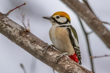 Blonde-capped Woodpecker Perched on a Branch and White Background, Wallpaper, Cover and Screen for Smartphone, Cell Phone, Computer, Laptop