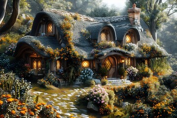 Obraz premium Whimsical Thatched-Roof Cottage Nestled in a Blooming Fairytale Garden Landscape